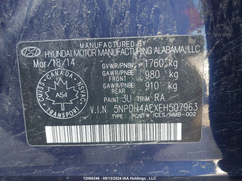 2014 Hyundai Elantra Gl VIN: 5NPDH4AEXEH507963 Lot: 12068246