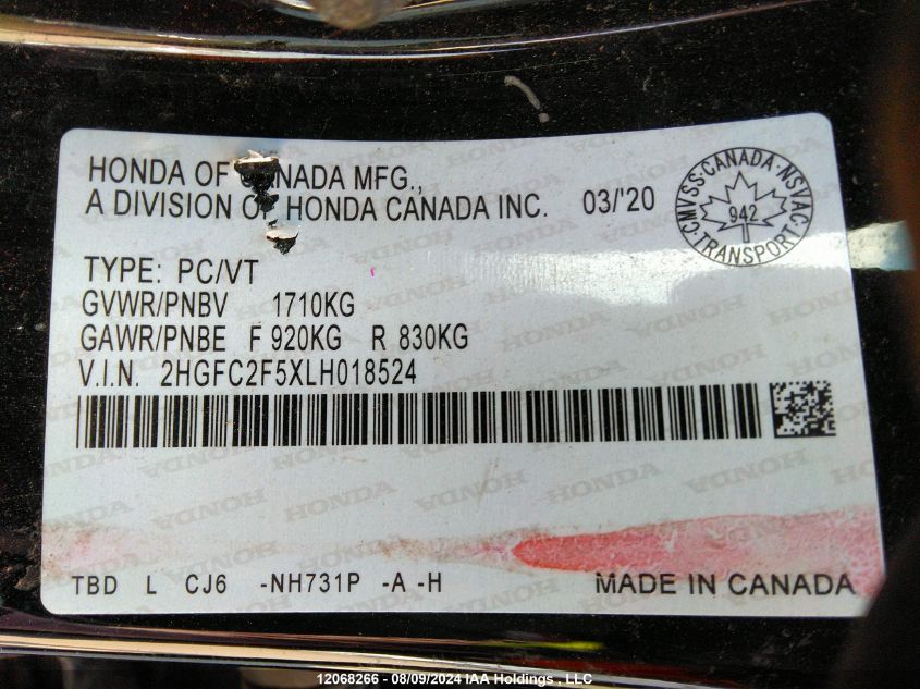 2020 Honda Civic Sedan VIN: 2HGFC2F5XLH018524 Lot: 12068266
