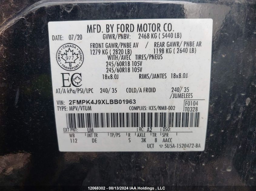 2020 Ford Edge Sel VIN: 2FMPK4J9XLBB01963 Lot: 12068302