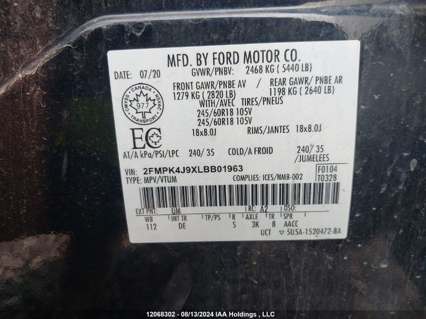 2020 Ford Edge Sel VIN: 2FMPK4J9XLBB01963 Lot: 12068302