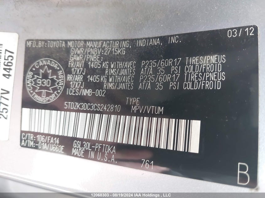 2012 Toyota Sienna VIN: 5TDZK3DC3CS242810 Lot: 12068303