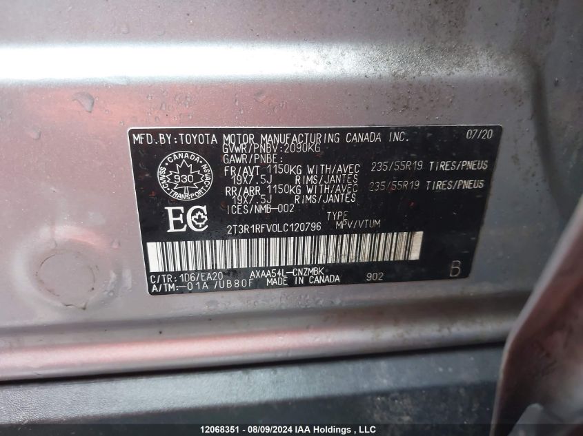 2020 Toyota Rav4 Xle VIN: 2T3R1RFV0LC120796 Lot: 12068351