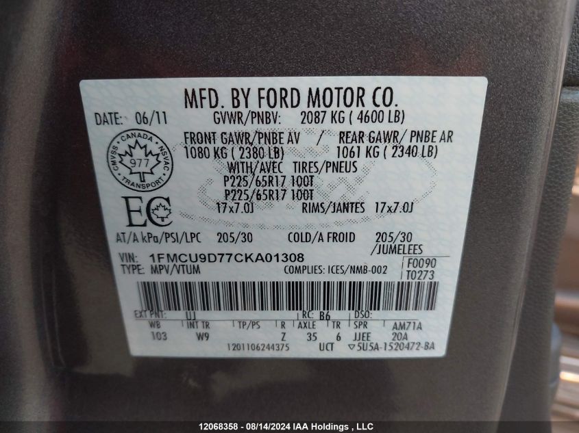 2012 Ford Escape Xlt VIN: 1FMCU9D77CKA01308 Lot: 12068358