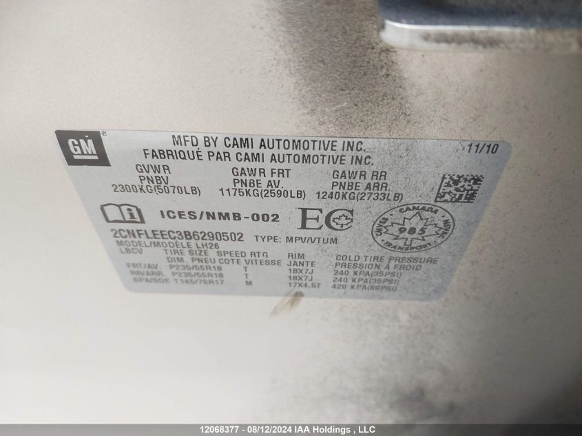 2011 Chevrolet Equinox Lt VIN: 2CNFLEEC3B6290502 Lot: 12068377