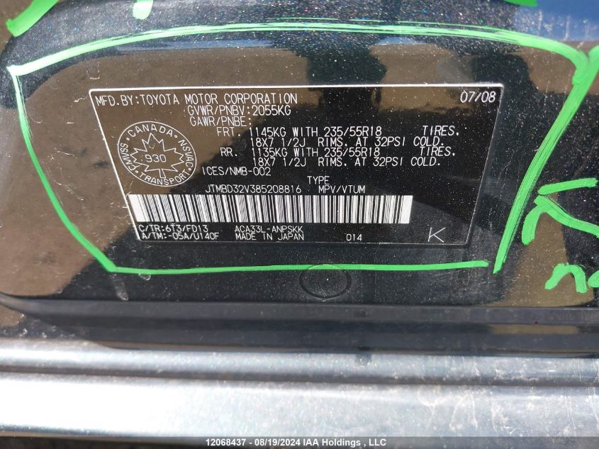 2008 Toyota Rav4 Sport VIN: JTMBD32V385208816 Lot: 12068437