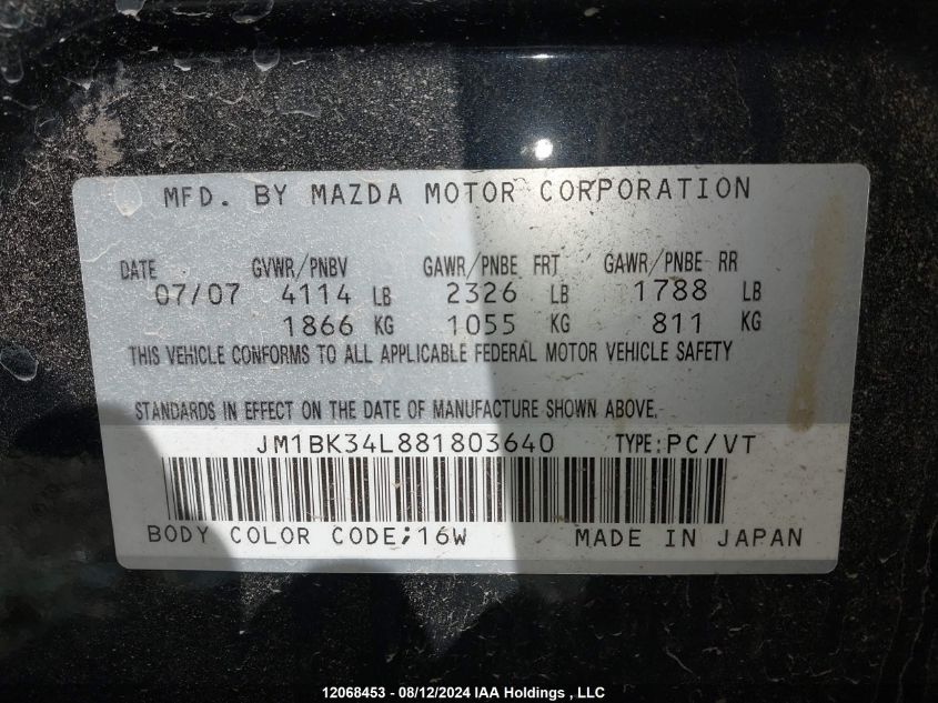 2008 Mazda Mazda3 VIN: JM1BK34L881803640 Lot: 12068453