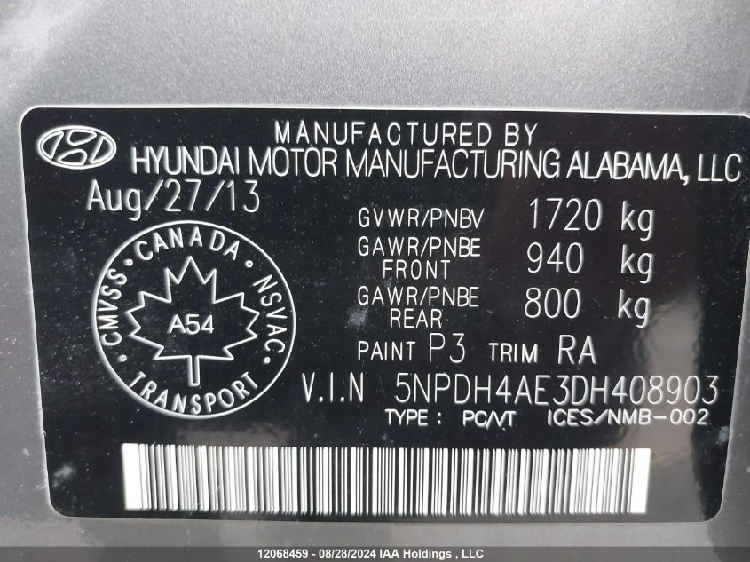 2013 Hyundai Elantra L VIN: 5NPDH4AE3DH408903 Lot: 12068459