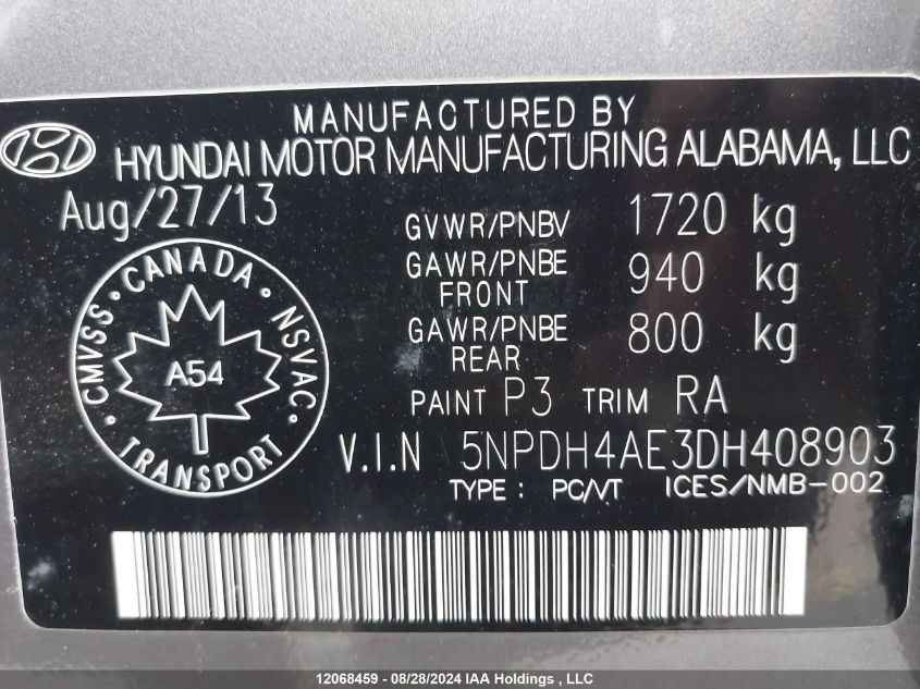 2013 Hyundai Elantra L VIN: 5NPDH4AE3DH408903 Lot: 12068459