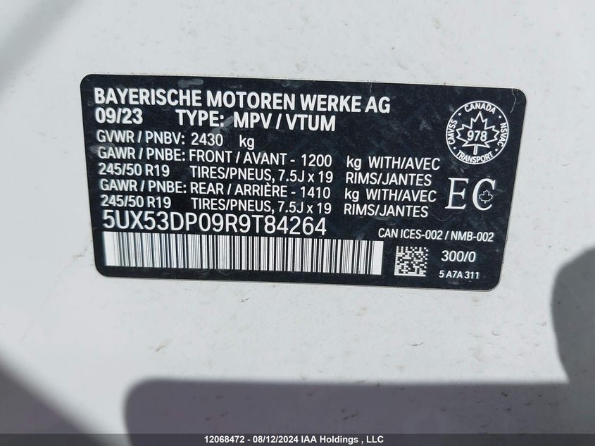2024 BMW X3 VIN: 5UX53DP09R9T84264 Lot: 12068472