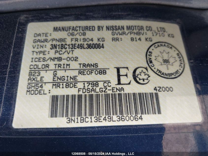 2009 Nissan Versa 1.8Sl VIN: 3N1BC13E49L360064 Lot: 12068508