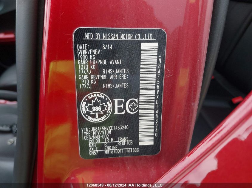 2014 Nissan Juke VIN: JN8AF5MVXET483240 Lot: 12068549
