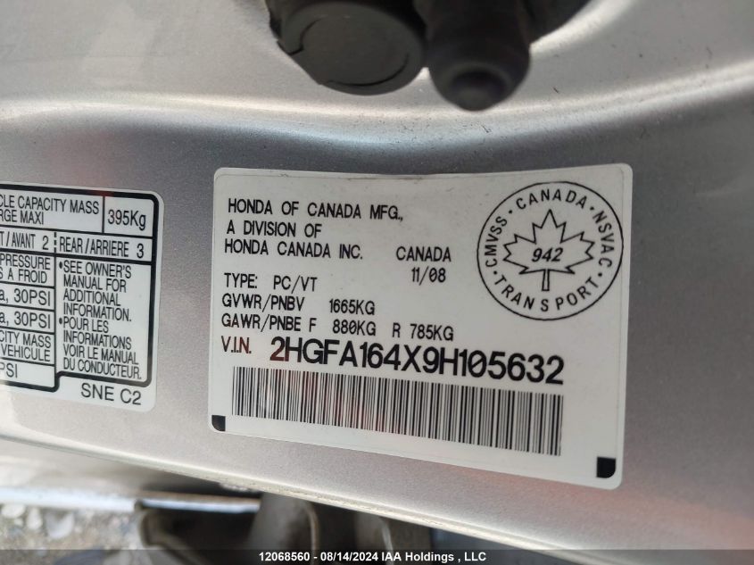 2009 Honda Civic Sdn VIN: 2HGFA164X9H105632 Lot: 12068560