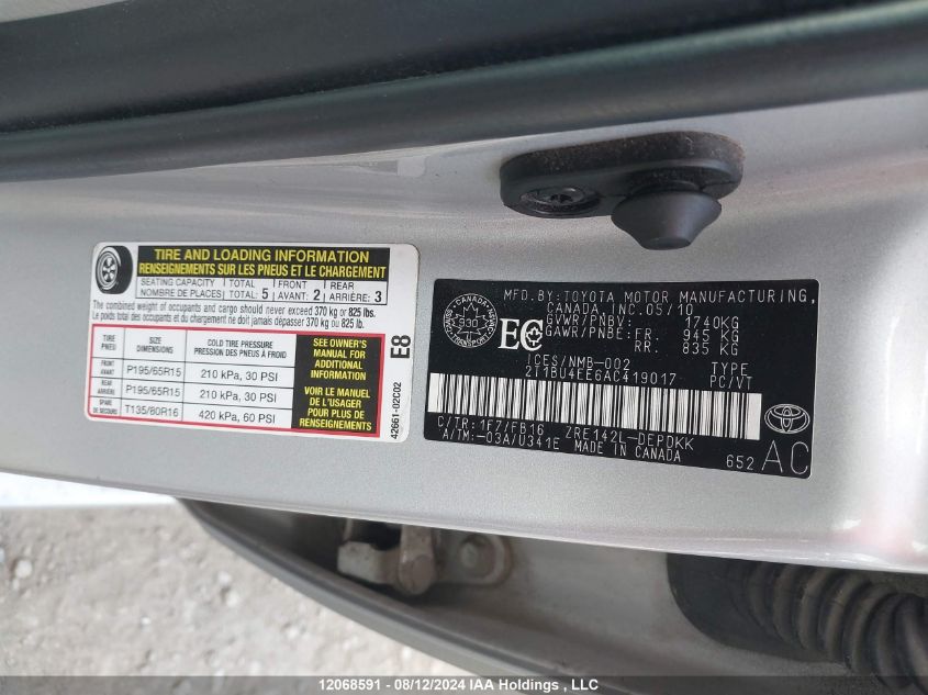 2010 Toyota Corolla S/Le/Xle VIN: 2T1BU4EE6AC419017 Lot: 12068591