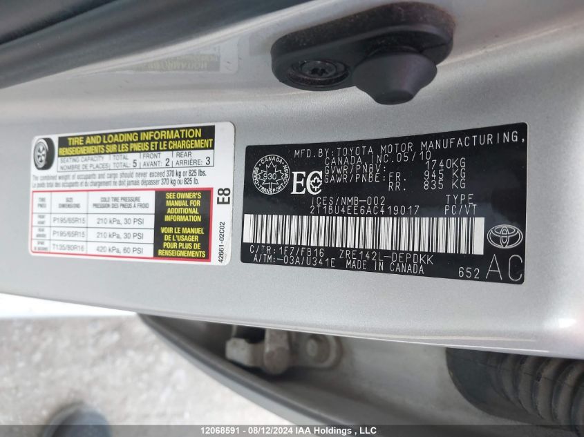 2010 Toyota Corolla S/Le/Xle VIN: 2T1BU4EE6AC419017 Lot: 12068591