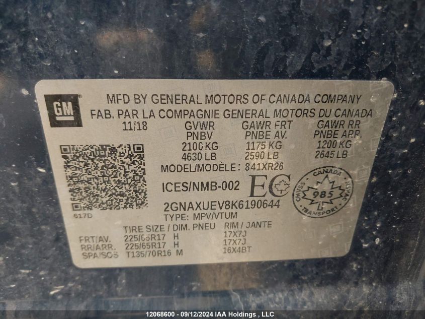 2019 Chevrolet Equinox VIN: 2GNAXUEV8K6190644 Lot: 12068600