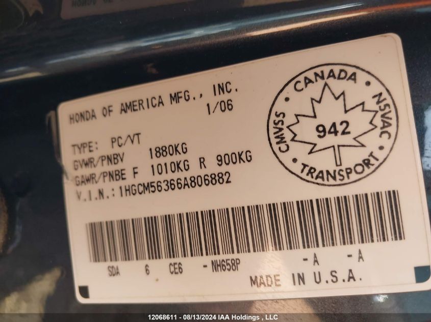 2006 Honda Accord Sdn VIN: 1HGCM56366A806882 Lot: 12068611