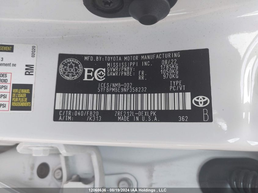 2022 Toyota Corolla Le VIN: 5YFBPMBE9NP358232 Lot: 12068636