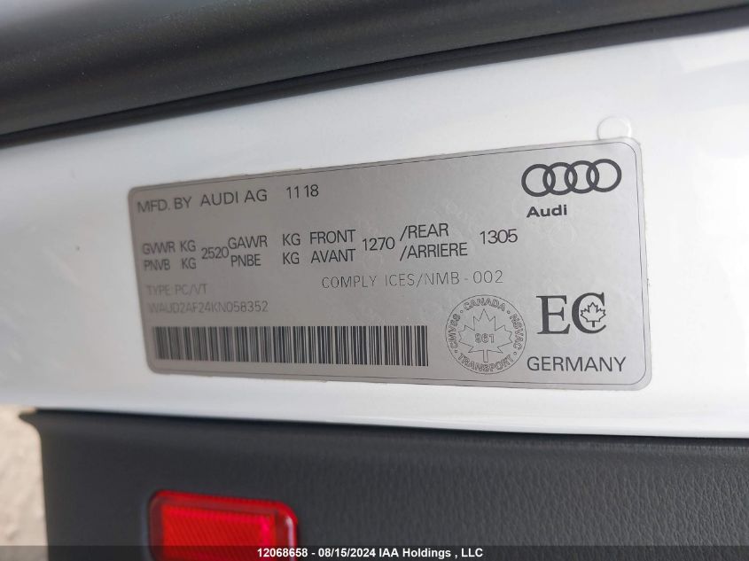 2019 Audi A6 VIN: WAUD2AF24KN058352 Lot: 12068658