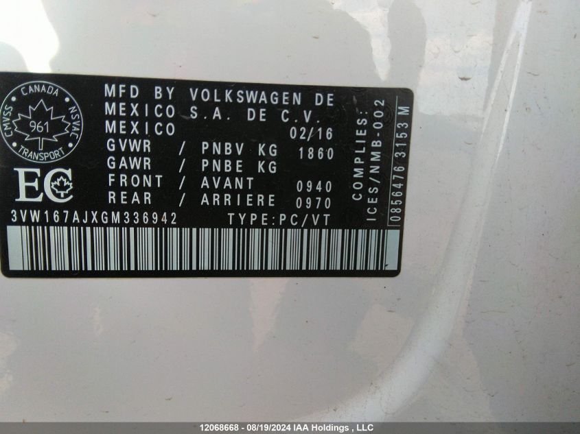 2016 Volkswagen Jetta Sedan VIN: 3VW167AJXGM336942 Lot: 12068668