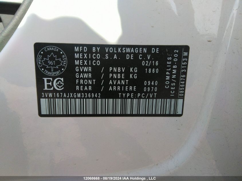 2016 Volkswagen Jetta Sedan VIN: 3VW167AJXGM336942 Lot: 12068668