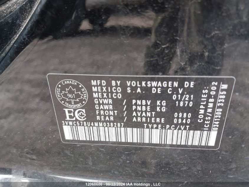 2021 Volkswagen Jetta VIN: 3VWC57BU4MM038287 Lot: 12068686