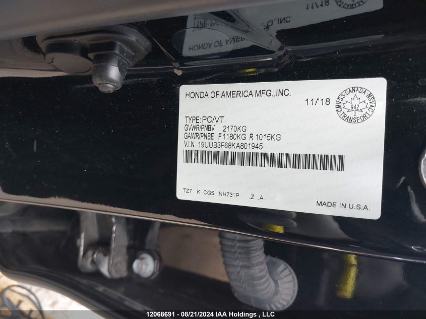 2019 Acura Tlx VIN: 19UUB3F68KA801945 Lot: 12068691