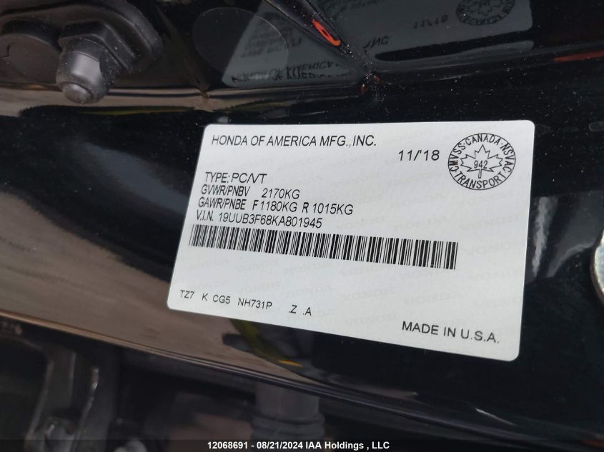 2019 Acura Tlx VIN: 19UUB3F68KA801945 Lot: 12068691