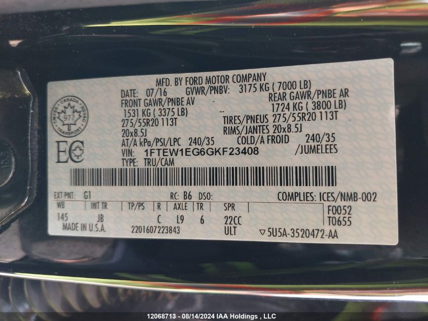 2016 Ford F150 Supercrew VIN: 1FTEW1EG6GKF23408 Lot: 12068713