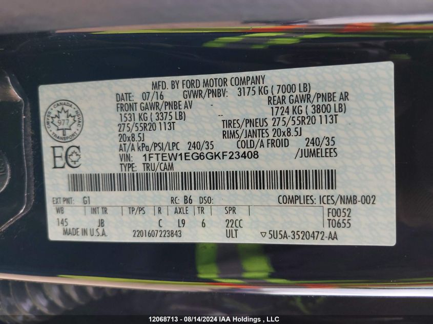 2016 Ford F150 Supercrew VIN: 1FTEW1EG6GKF23408 Lot: 12068713