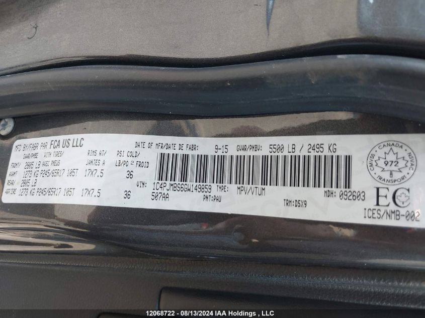 2016 Jeep Cherokee Trailhawk VIN: 1C4PJMBS6GW149859 Lot: 12068722