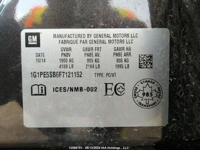 2015 Chevrolet Cruze VIN: 1G1PE5SB6F7121152 Lot: 12068751