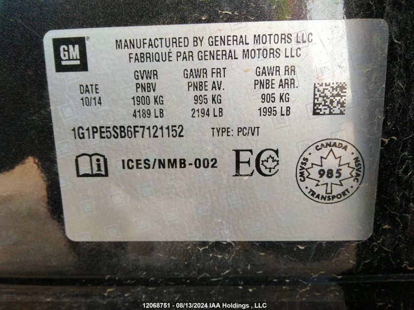 2015 Chevrolet Cruze VIN: 1G1PE5SB6F7121152 Lot: 12068751