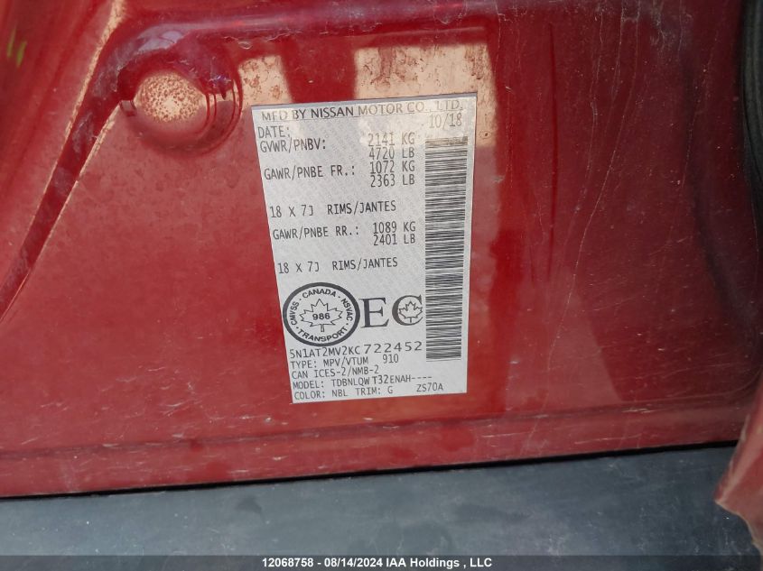 2019 Nissan Rogue VIN: 5N1AT2MV2KC722452 Lot: 12068758