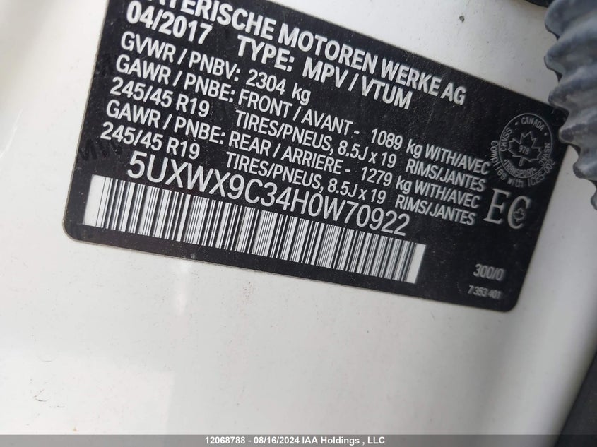 2017 BMW X3 VIN: 5UXWX9C34H0W70922 Lot: 12068788