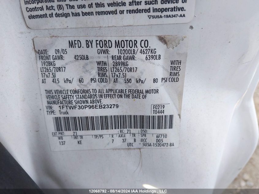 2006 Ford Super Duty F-350 Srw VIN: 1FTWF30P96EB23279 Lot: 12068792