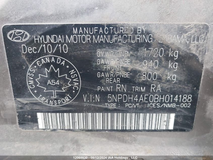 2011 Hyundai Elantra Gls/Limited VIN: 5NPDH4AE0BH014188 Lot: 12068830