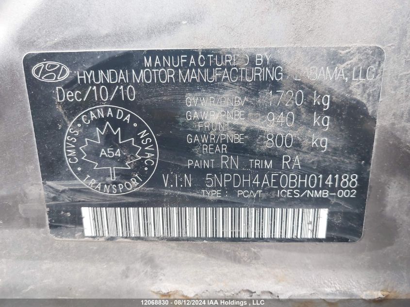 2011 Hyundai Elantra Gls/Limited VIN: 5NPDH4AE0BH014188 Lot: 12068830