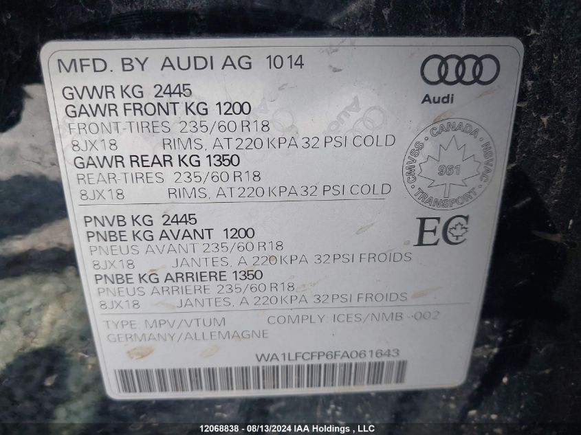 2015 Audi Q5 VIN: WA1LFCFP6FA061643 Lot: 12068838