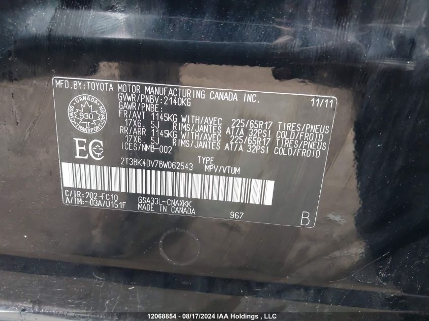 2011 Toyota Rav4 VIN: 2T3BK4DV7BW062543 Lot: 12068854