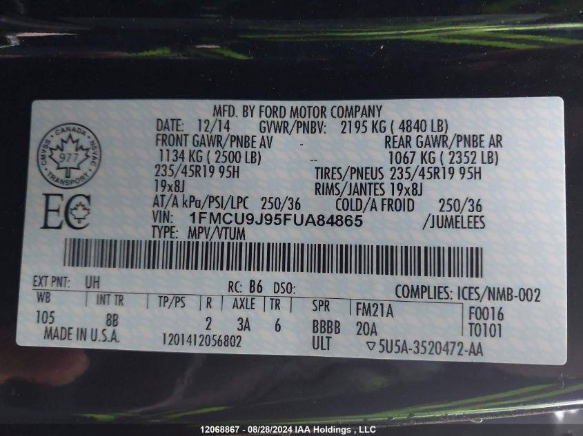 2015 Ford Escape Titanium VIN: 1FMCU9J95FUA84865 Lot: 12068867