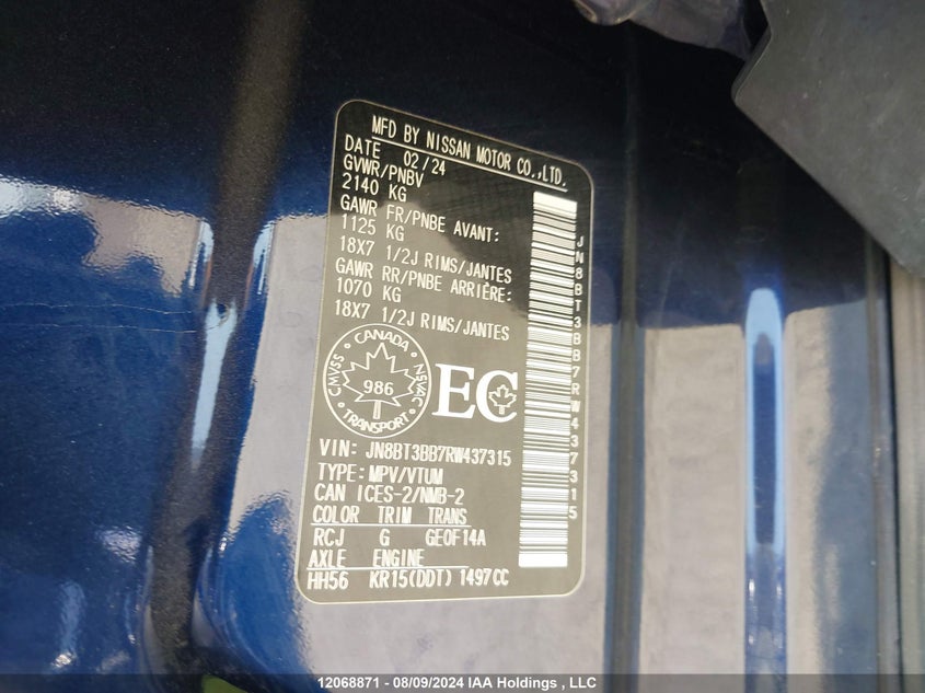 2024 Nissan Rogue VIN: JN8BT3BB7RW437315 Lot: 12068871