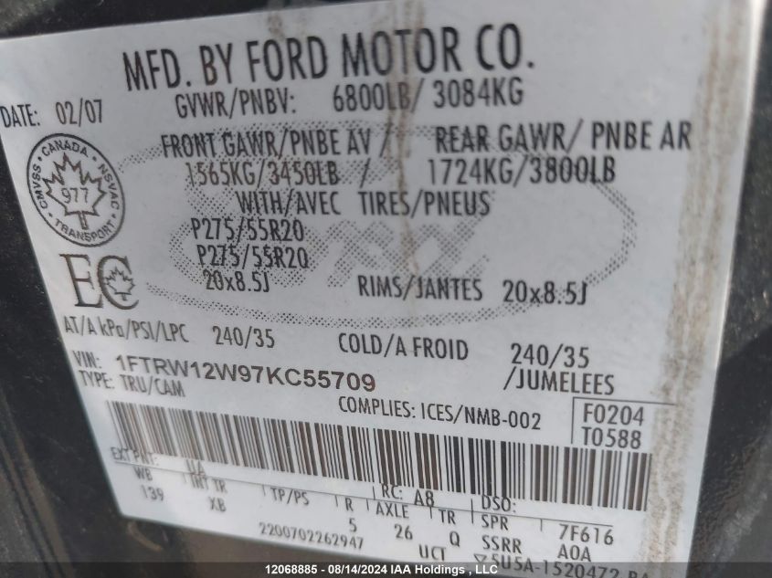 2007 Ford F150 Supercrew VIN: 1FTRW12W97KC55709 Lot: 12068885