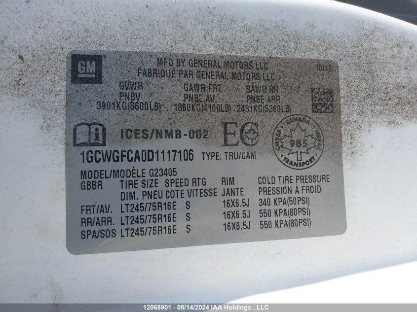 2013 Chevrolet Express VIN: 1GCWGFCA0D1117106 Lot: 12068901