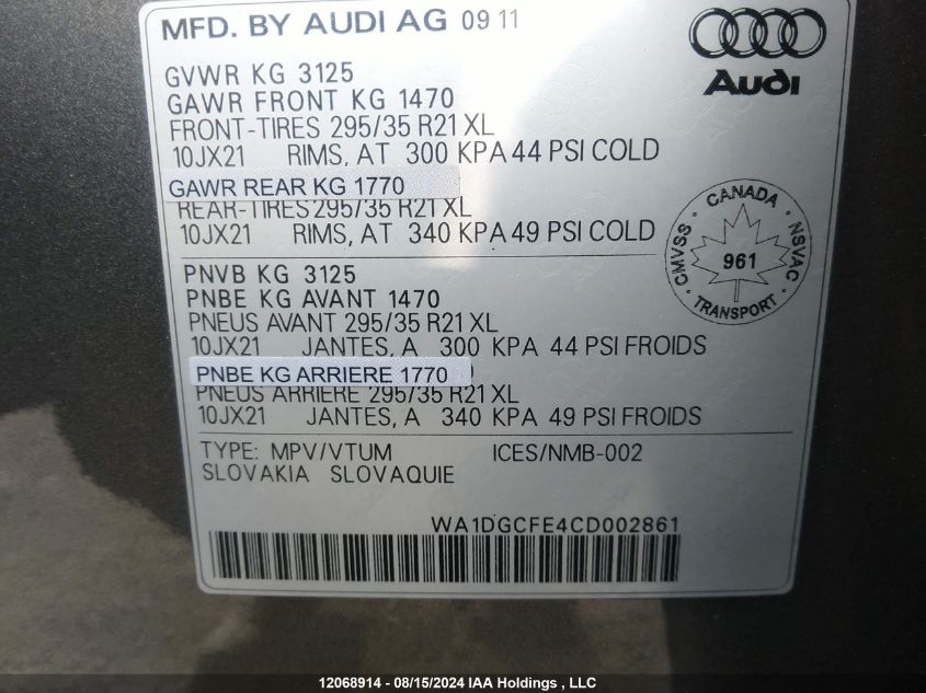 2012 Audi Q7 VIN: WA1DGCFE4CD002861 Lot: 12068914