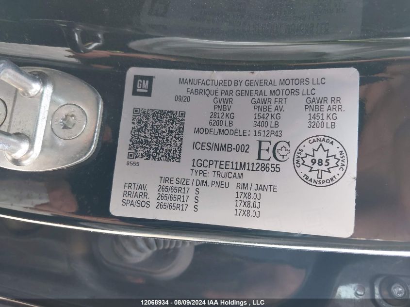 2021 Chevrolet Colorado Zr2 VIN: 1GCPTEE11M1128655 Lot: 12068934