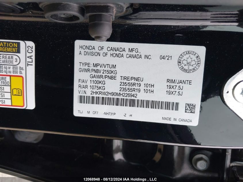 2021 Honda Cr-V VIN: 2HKRW2H90MH226942 Lot: 12068948