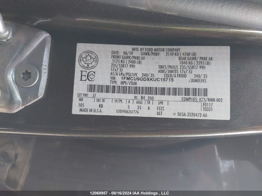 2019 Ford Escape Se VIN: 1FMCU9GDXKUC15715 Lot: 12068957