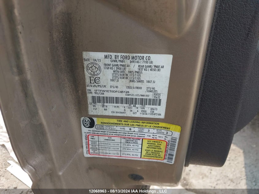 2013 Ford F-150 Xlt VIN: 1FTFW1ET0DFC45126 Lot: 12068963