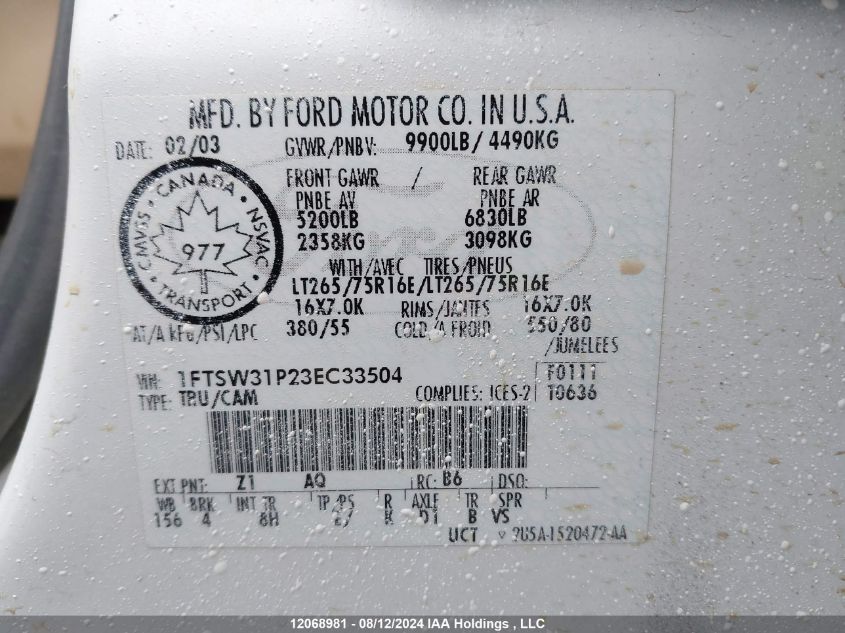 2003 Ford F350 Srw Super Duty VIN: 1FTSW31P23EC33504 Lot: 12068981