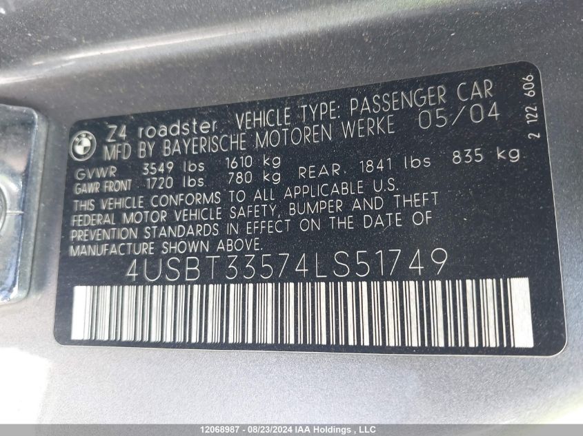 2004 BMW Z4 VIN: 4USBT33574LS51749 Lot: 12068987